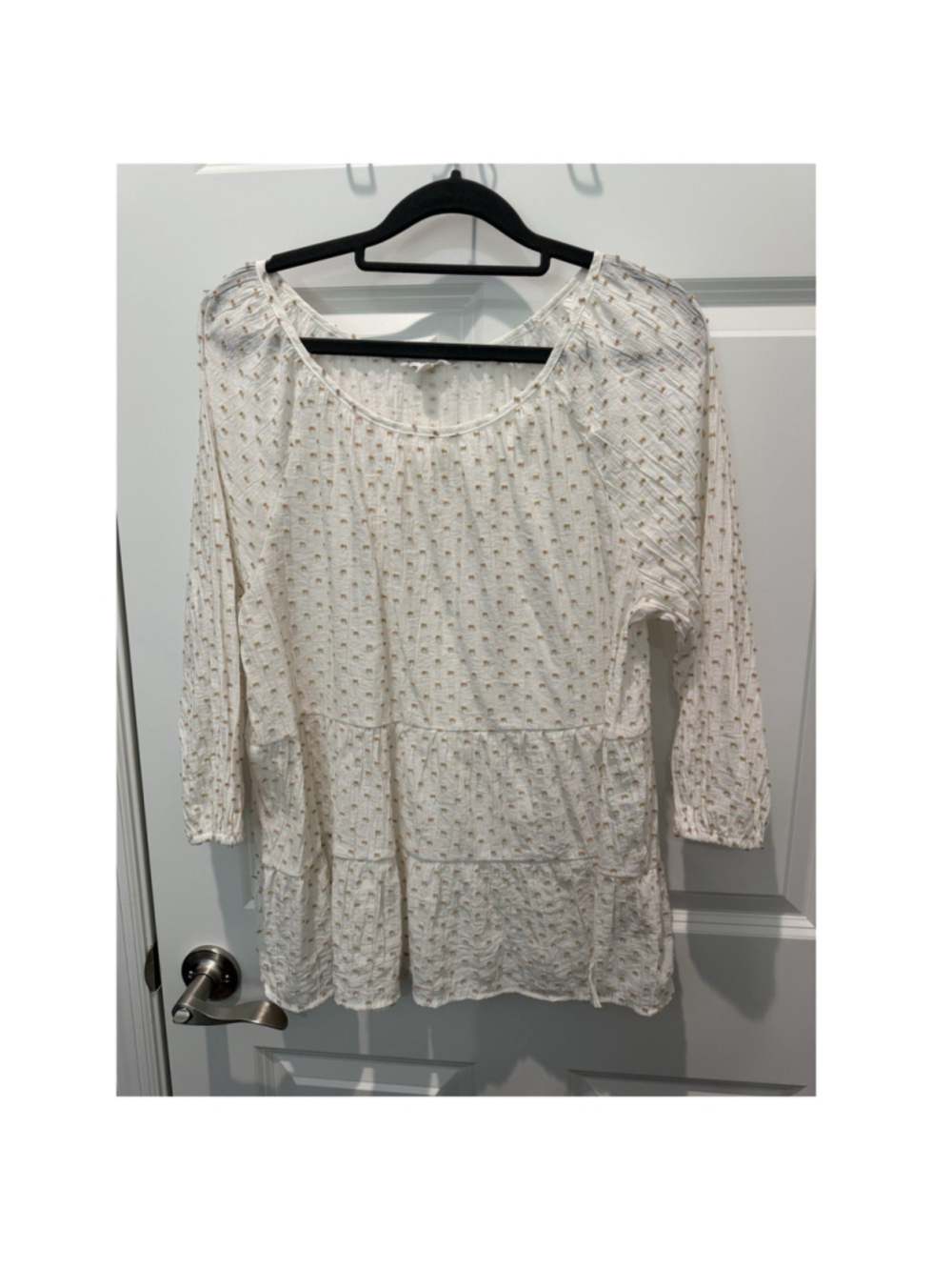 Blu Pepper Women's Polka Dot Textured Tunic Blouse White Beige Long Sleeve M